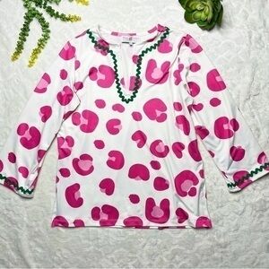 Hello Dobson Leopard Cheetah Print Pink White Long Sleeve Tunic Top Size Large